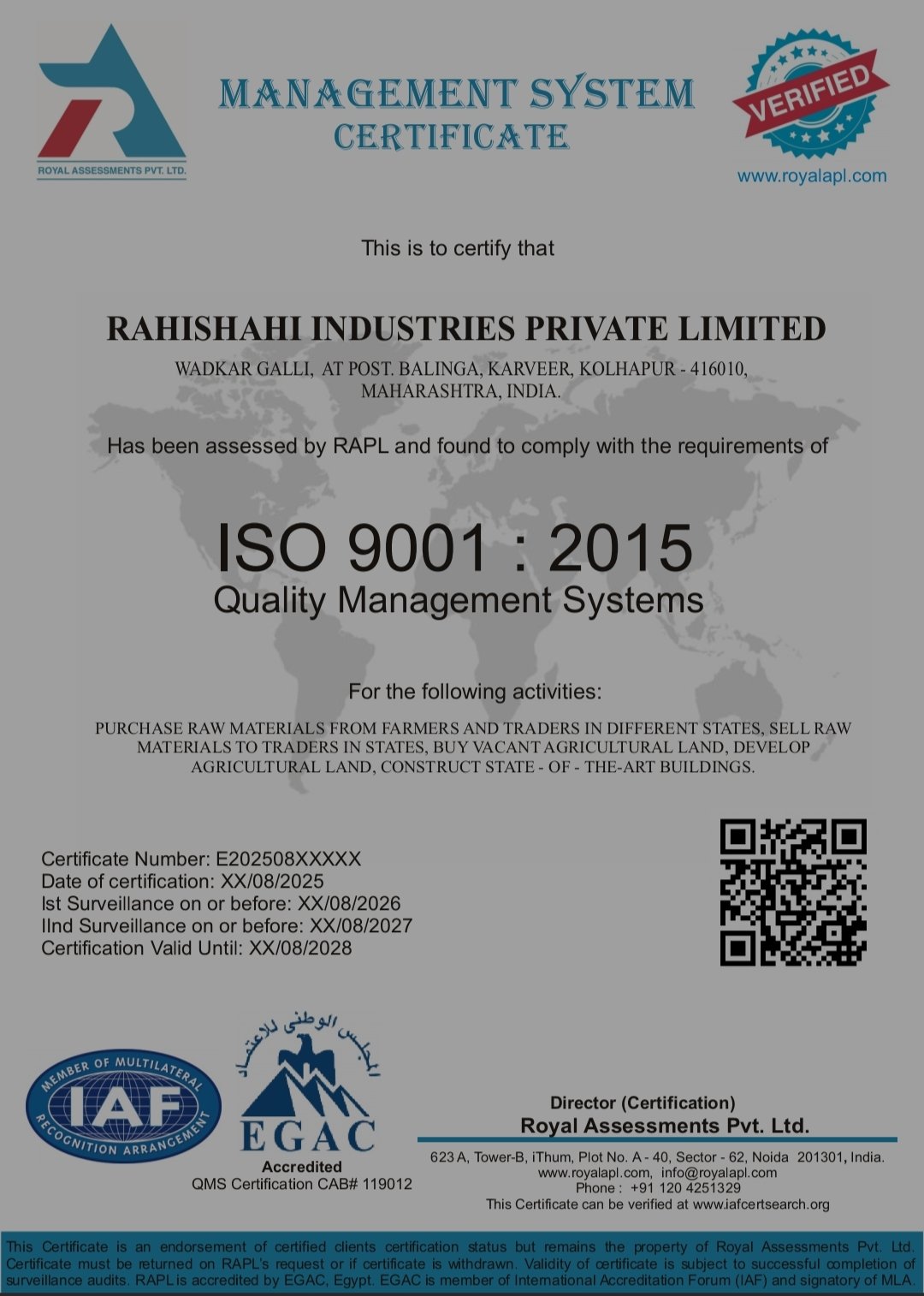 ISO 9001 Quality Management System certificate