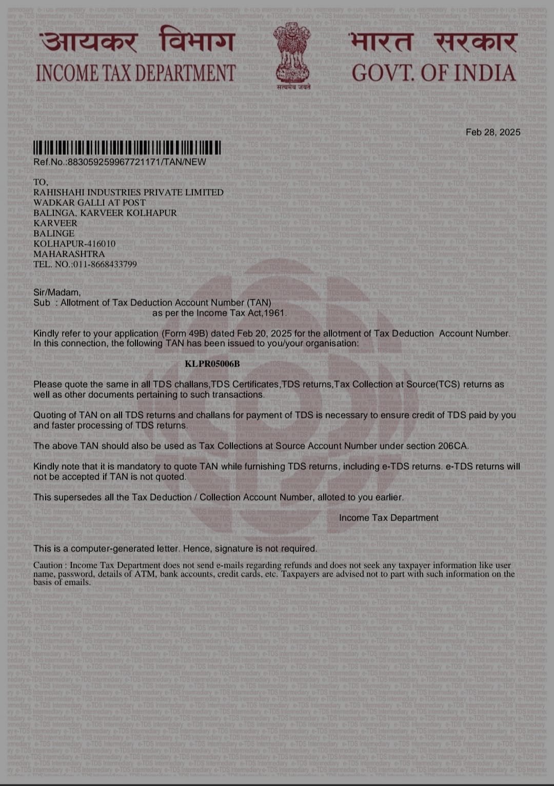 Income Tax TAN allotment letter