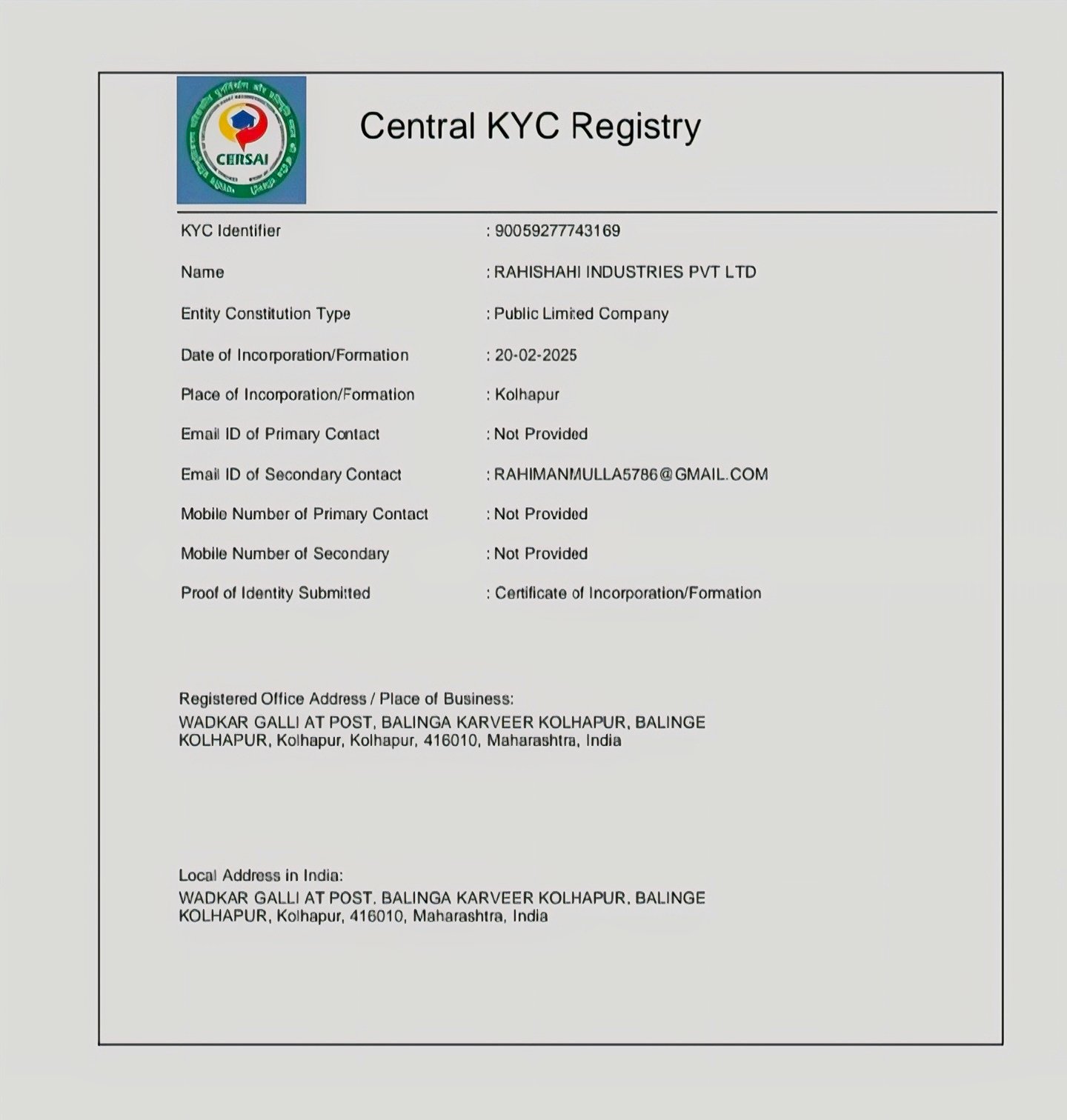 Central KYC Registry record